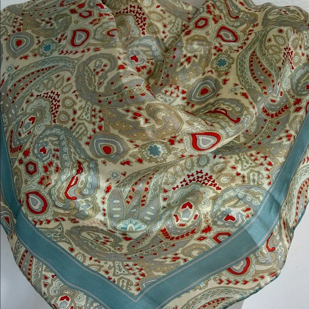Vintage 100% Silk Paisley Scarf - Blue & Crimson - Hand Rolled Edges - Picture 2 of 13